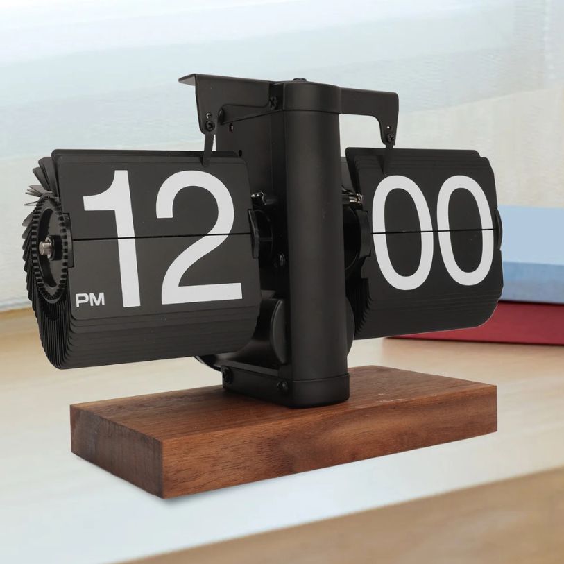 Relógio de Mesa Auto-flip Preto Europeu Base em Mogno